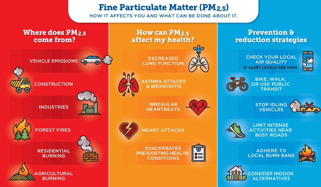 An infographic explaining how fine particulate matter affects you and what can be done about it.