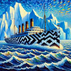 AI image of a cruise ship decorated black and white geometric shapes as camouflage, sailing choppy seas, with a massive iceberg in the background.