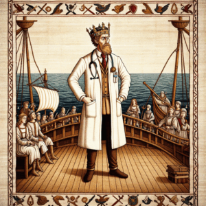 A medieval tapestry of a bearded king wearing a doctor's smock standing on the deck of a wooden ship.