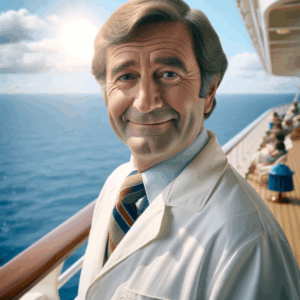 AI image of a smiling middle-aged doctor on the deck of a cruise ship.